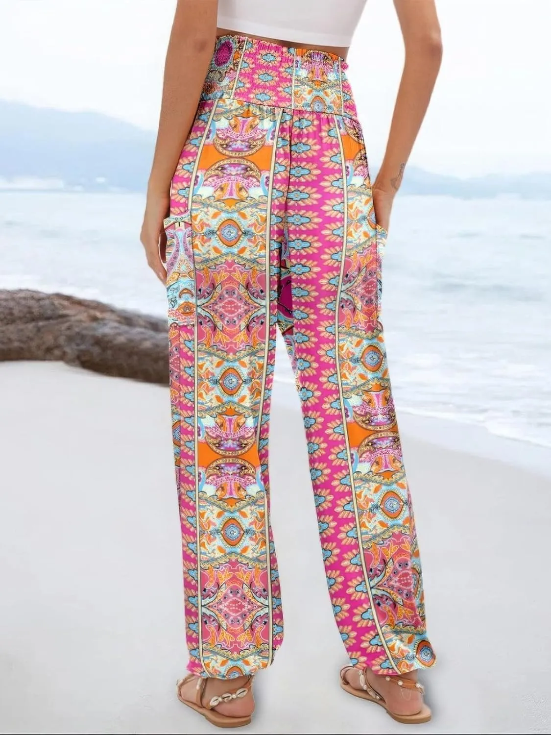 ebossy Women's Casual Print Hippie Harem Pants Smocked High Waist Comfy Boho Flowy Trousers with Pockets