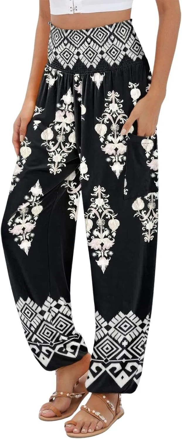 ebossy Women's Casual Print Hippie Harem Pants Smocked High Waist Comfy Boho Flowy Trousers with Pockets