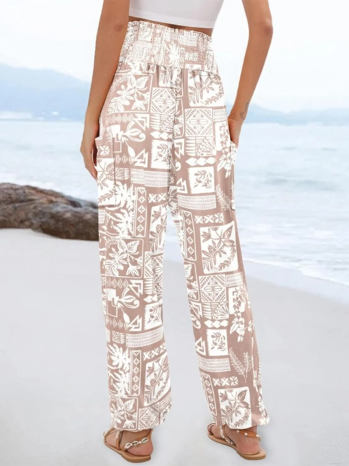 ebossy Women's Casual Print Hippie Harem Pants Smocked High Waist Comfy Boho Flowy Trousers with Pockets