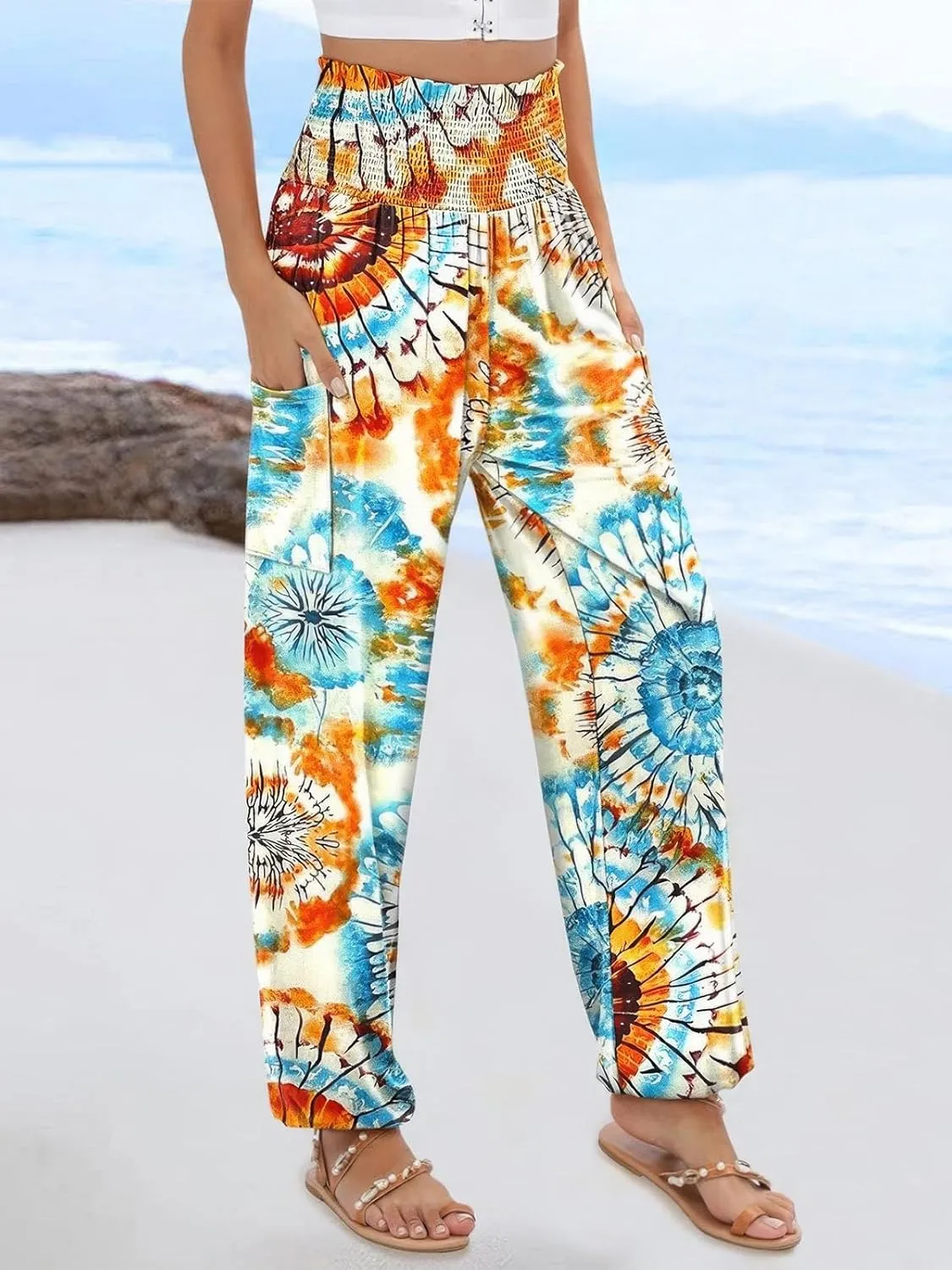 ebossy Women's Casual Print Hippie Harem Pants Smocked High Waist Comfy Boho Flowy Trousers with Pockets