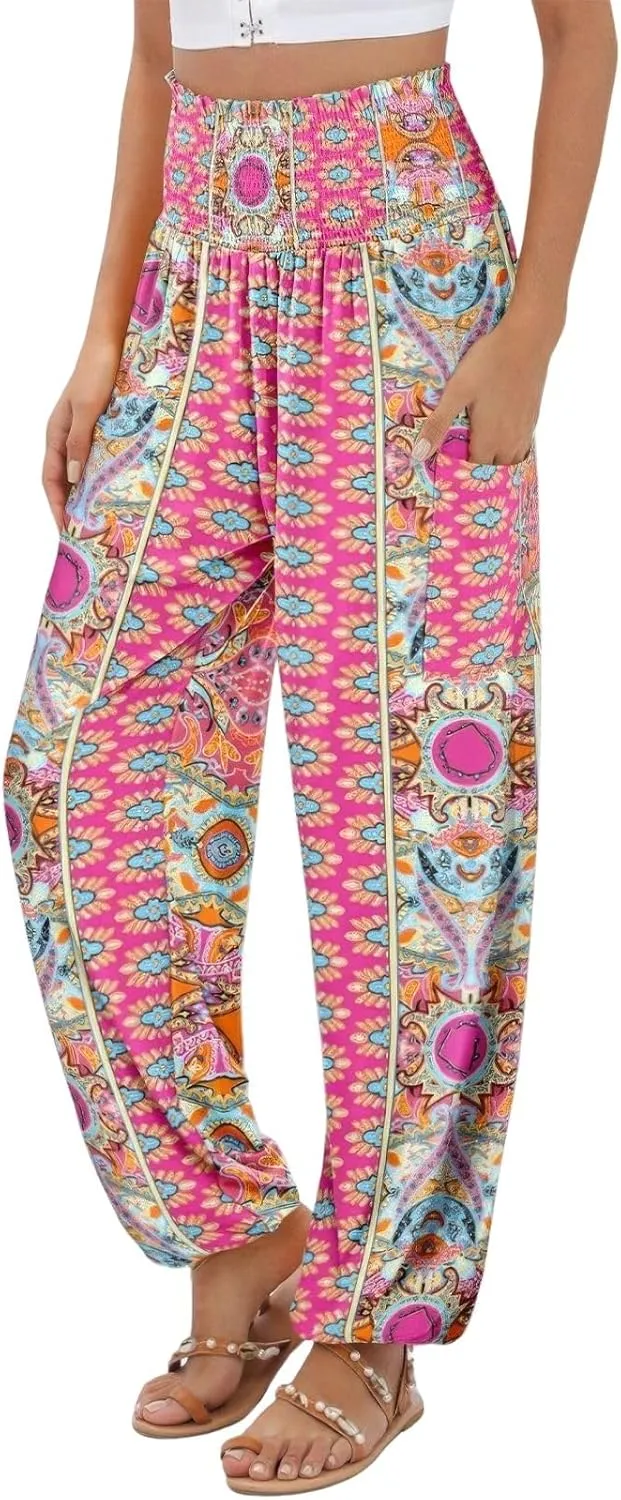 ebossy Women's Casual Print Hippie Harem Pants Smocked High Waist Comfy Boho Flowy Trousers with Pockets