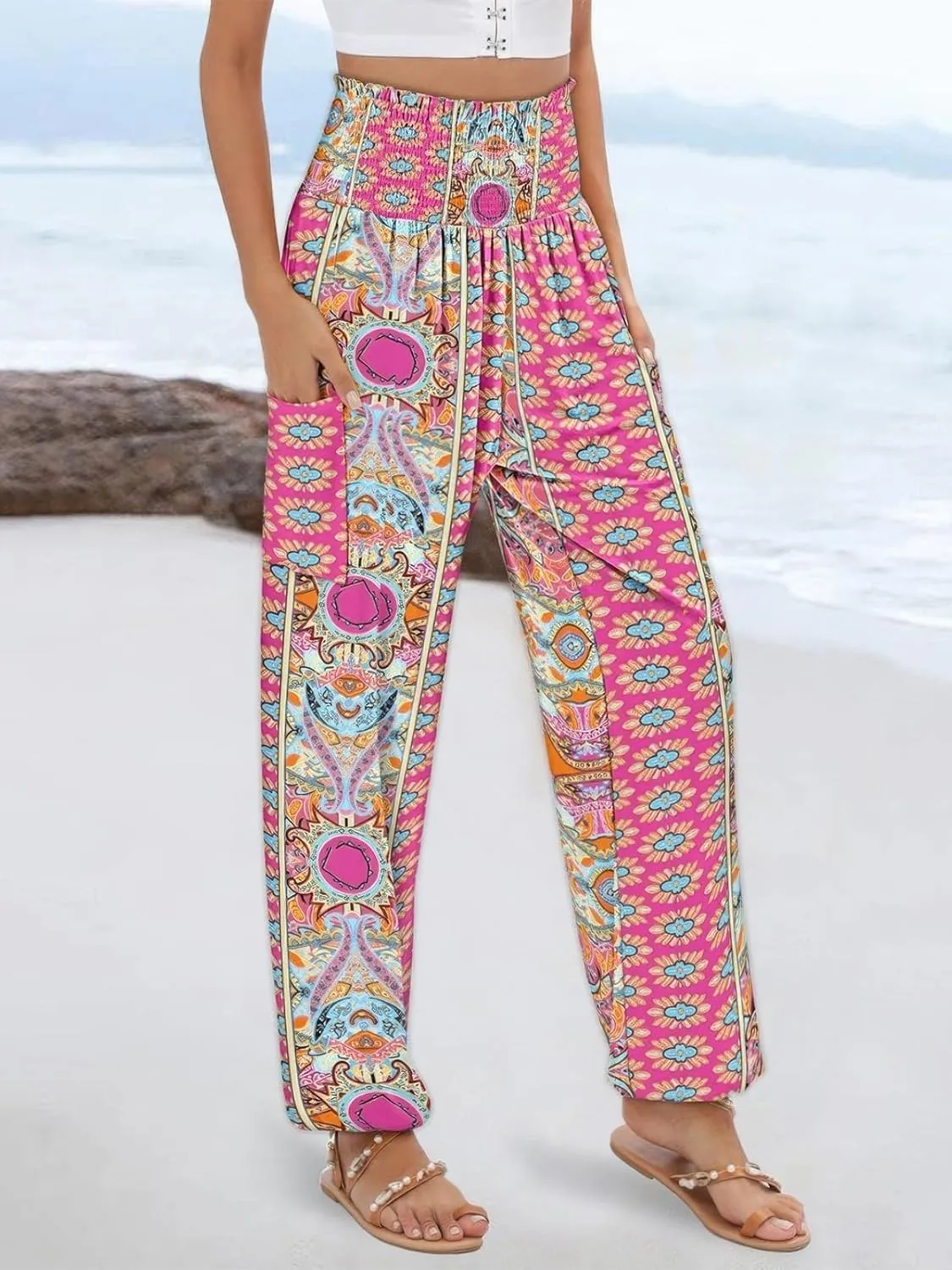 ebossy Women's Casual Print Hippie Harem Pants Smocked High Waist Comfy Boho Flowy Trousers with Pockets
