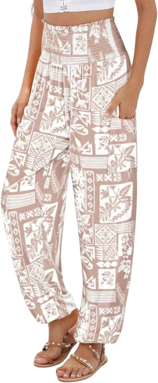 ebossy Women's Casual Print Hippie Harem Pants Smocked High Waist Comfy Boho Flowy Trousers with Pockets