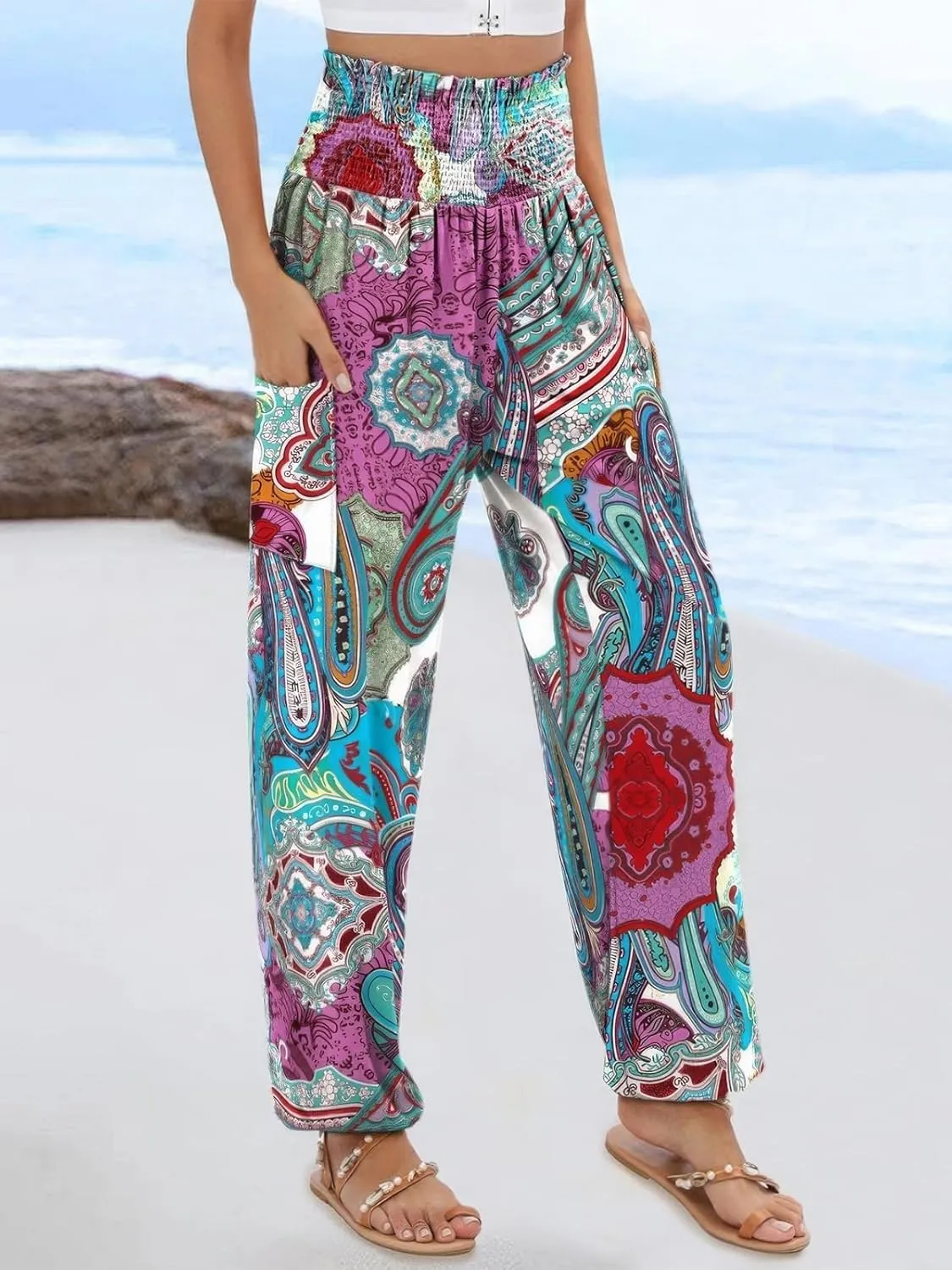 ebossy Women's Casual Print Hippie Harem Pants Smocked High Waist Comfy Boho Flowy Trousers with Pockets
