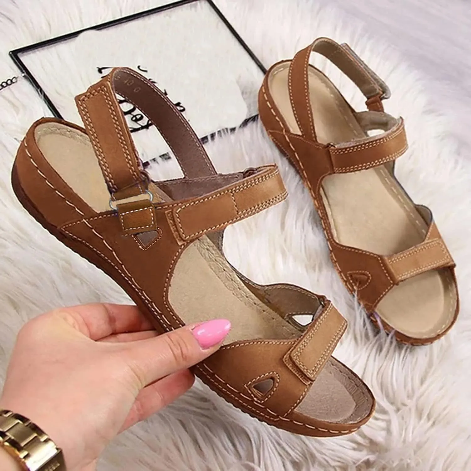 Eduavar Summer Sandals for Women, Sandals Women Comfortable Low Wedge Sandals Ankle Strap Sandals Peep Toe Shoes