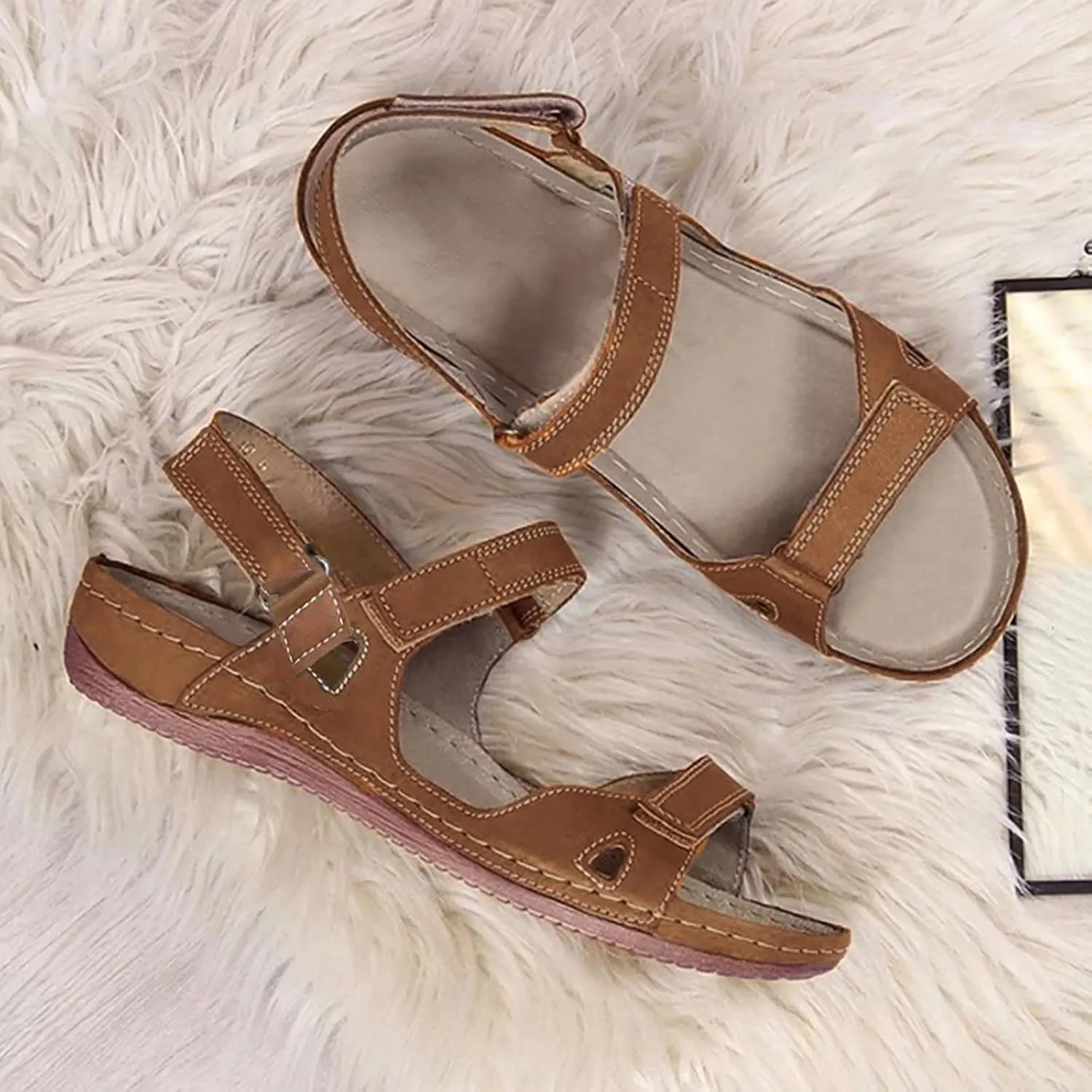 Eduavar Summer Sandals for Women, Sandals Women Comfortable Low Wedge Sandals Ankle Strap Sandals Peep Toe Shoes