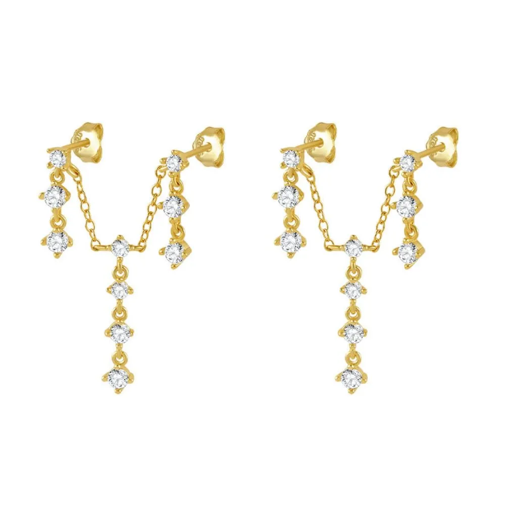 Elegance in Drops: 925 Sterling Silver Water Drop Zircon Tassel Chain Gold-Plated Stud Earrings