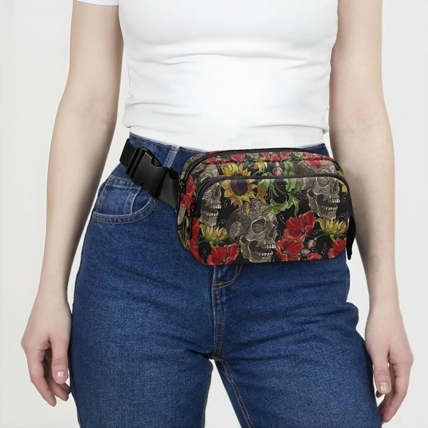 Embroidery Sunflowers Skull Womens Fanny Pack Fashion Hip Pack Belt Pouch Waterproof Travel Waist Pouch