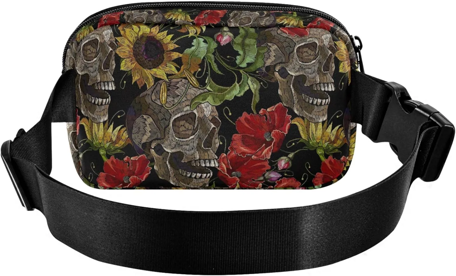 Embroidery Sunflowers Skull Womens Fanny Pack Fashion Hip Pack Belt Pouch Waterproof Travel Waist Pouch