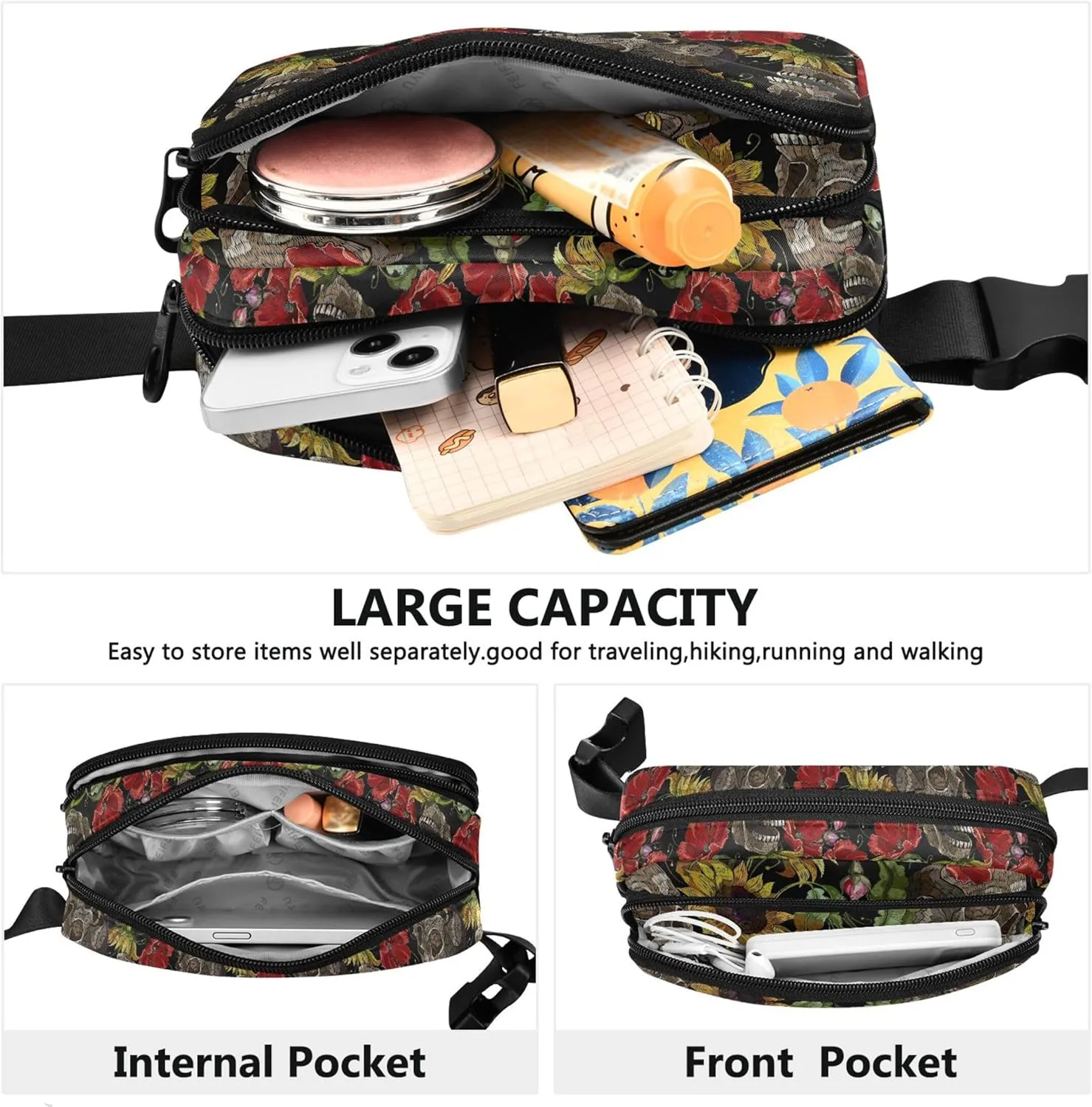 Embroidery Sunflowers Skull Womens Fanny Pack Fashion Hip Pack Belt Pouch Waterproof Travel Waist Pouch