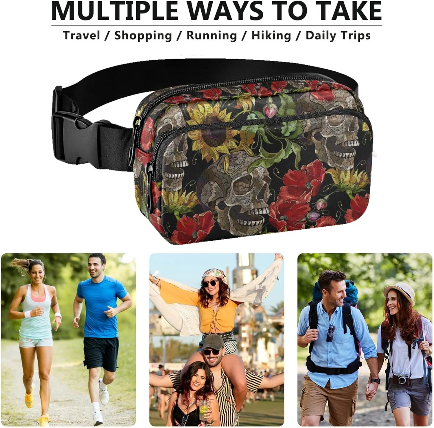 Embroidery Sunflowers Skull Womens Fanny Pack Fashion Hip Pack Belt Pouch Waterproof Travel Waist Pouch