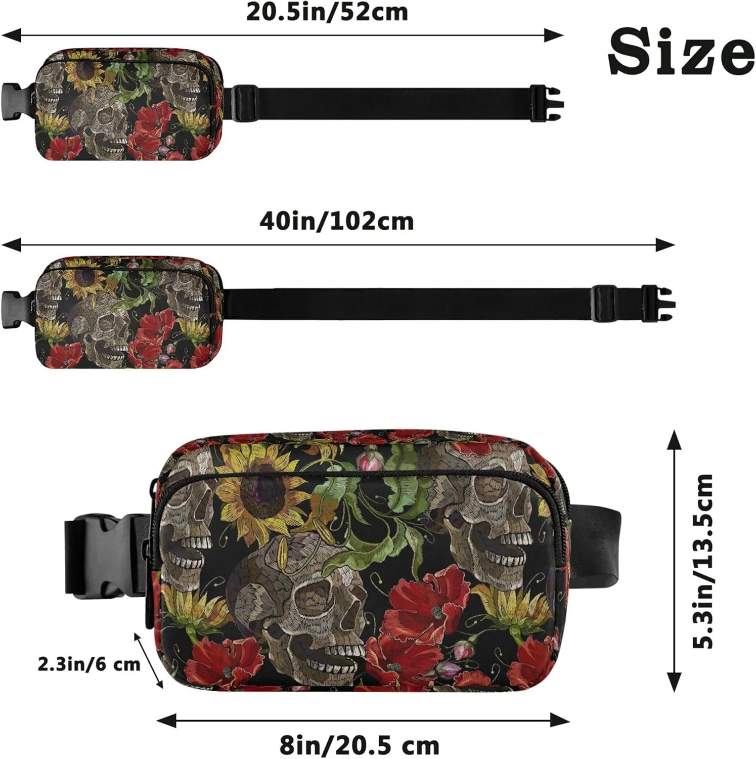 Embroidery Sunflowers Skull Womens Fanny Pack Fashion Hip Pack Belt Pouch Waterproof Travel Waist Pouch