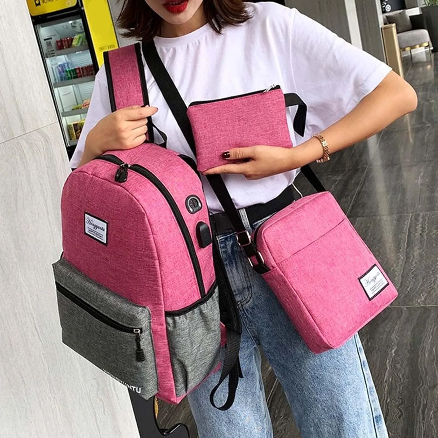 Fashion Cloth Canvas Backpack for Women Letter Purse Mobile Phone Messenger Bags School Backpack for Teen Girls(One Size)