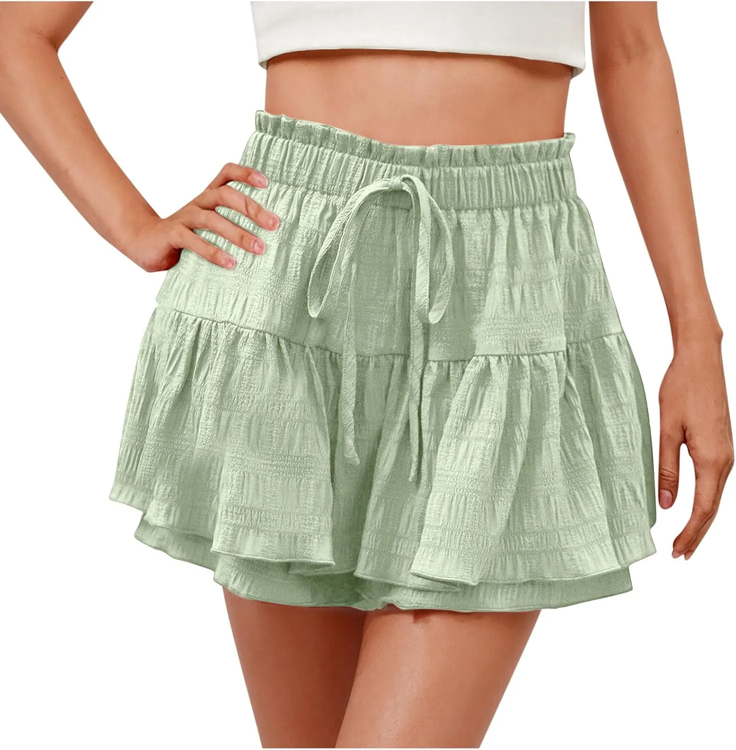 Fashion Paperbag Ruffle Flowy Skorts for Women Summer Swing Skirts with Built-in Shorts Beach Holiday Outfits