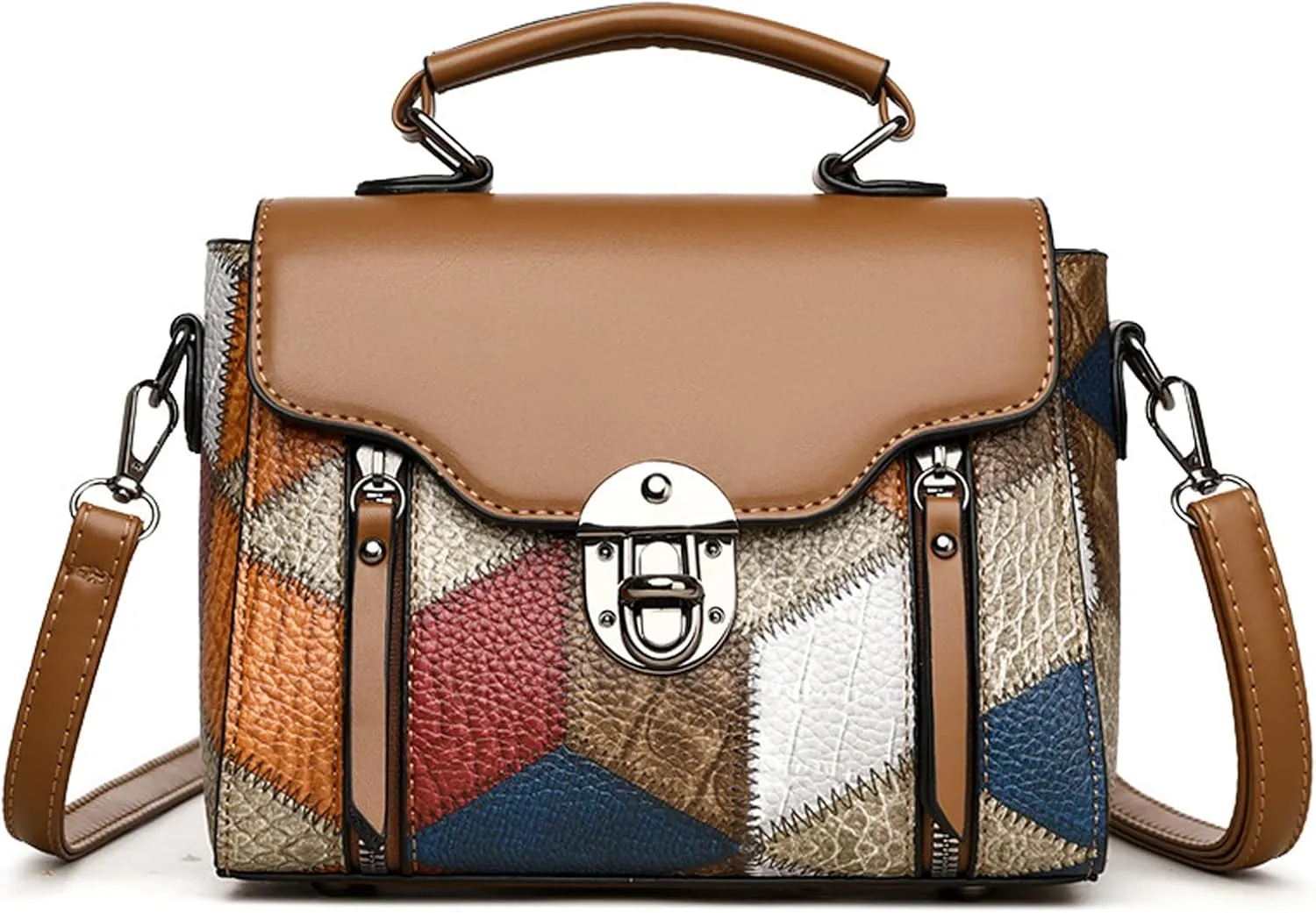 Fashion Top Handle Women Soft PU Leather Handbags Lightweight Splicing color Clutch Crossbody Satchel Bags Purses