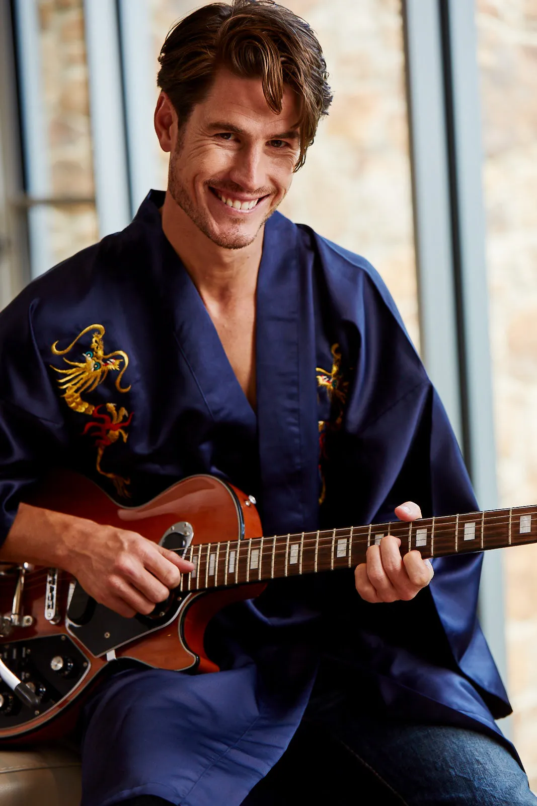 Flare Dragon Long Satin Male Kimono Navy