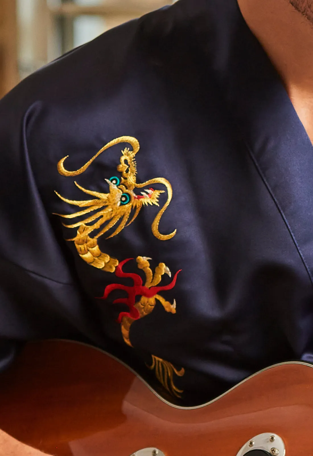 Flare Dragon Long Satin Male Kimono Navy