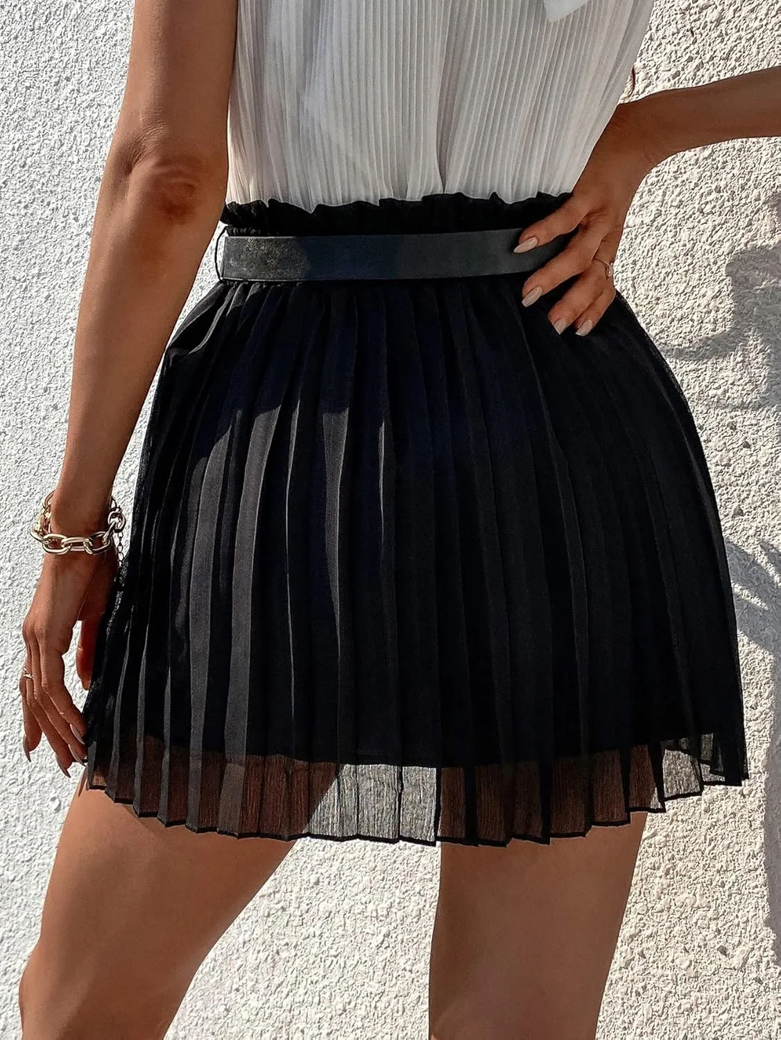 Floerns Women's Paperbag Waist Contrast Mesh Skirt Pleated Hem Belted Skirt