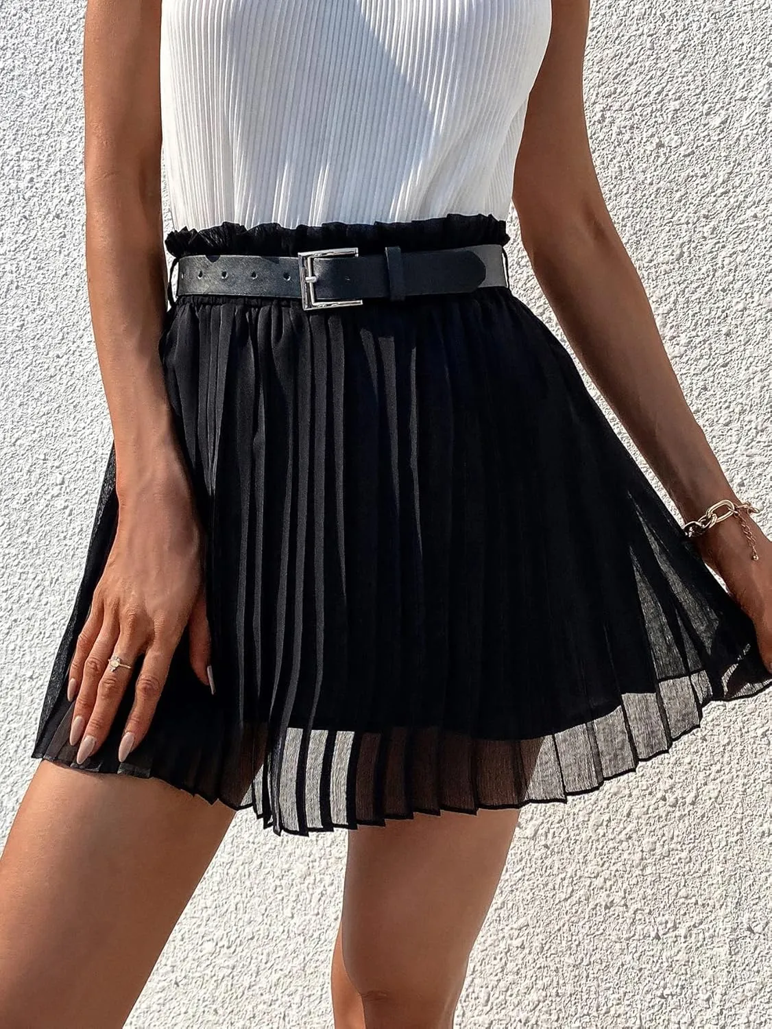 Floerns Women's Paperbag Waist Contrast Mesh Skirt Pleated Hem Belted Skirt
