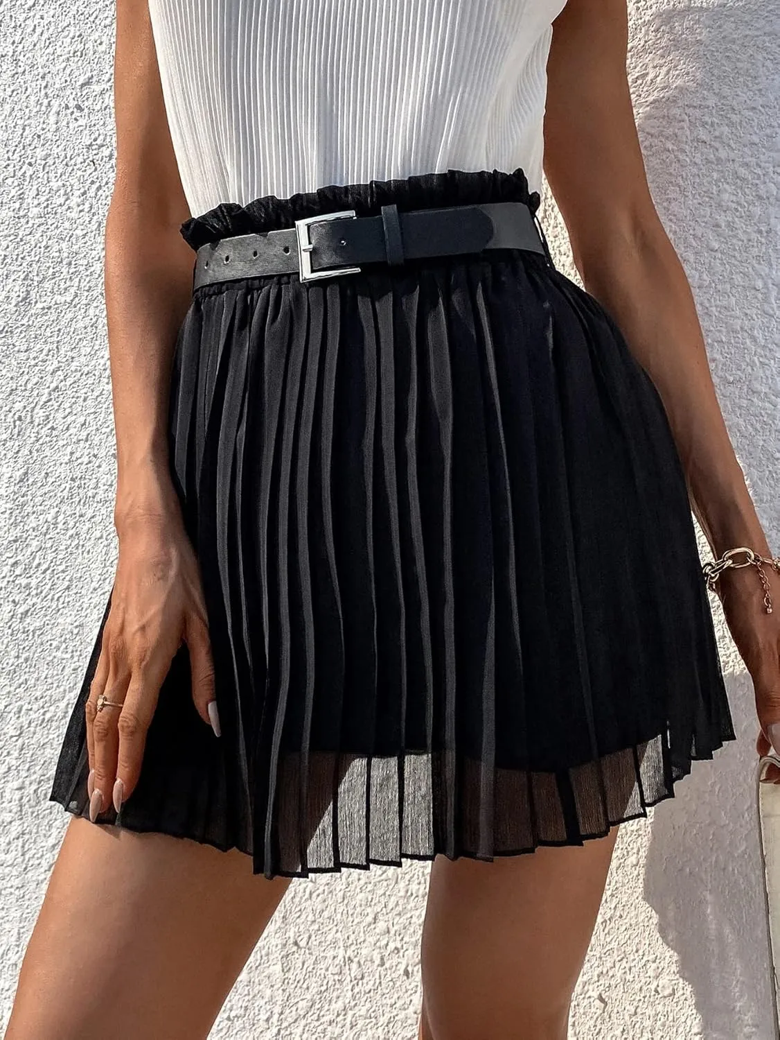 Floerns Women's Paperbag Waist Contrast Mesh Skirt Pleated Hem Belted Skirt