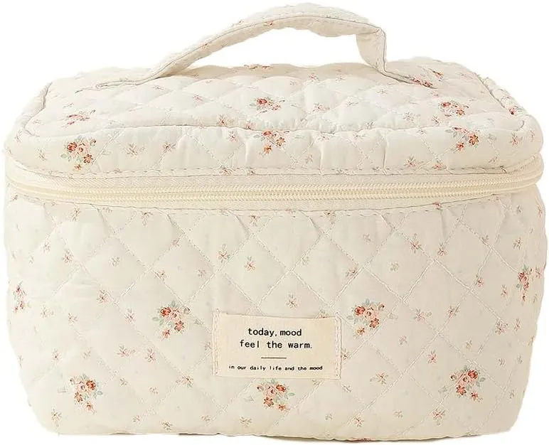 Floral Cotton Quilted Makeup Bag, Kawaii Aesthetic Travel Organizer Toiletry Bag with Handle, Large Cosmetic Bags with Zipper, Cute Pouch Tote Purse for Women (White)
