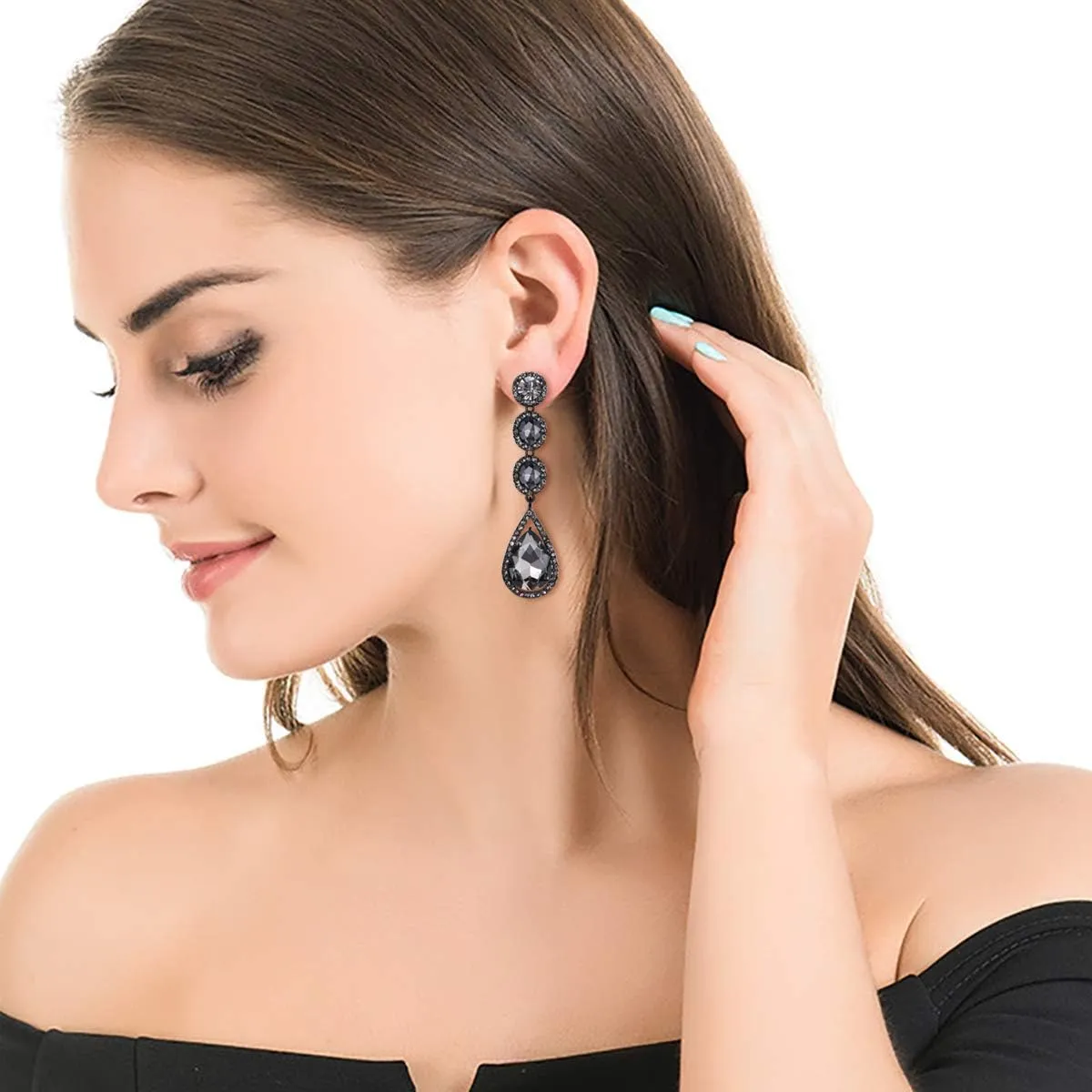 Flyonce Wedding Bridal Rhinestone Crystal Multi Teardrop Pierced Dangle Earrings
