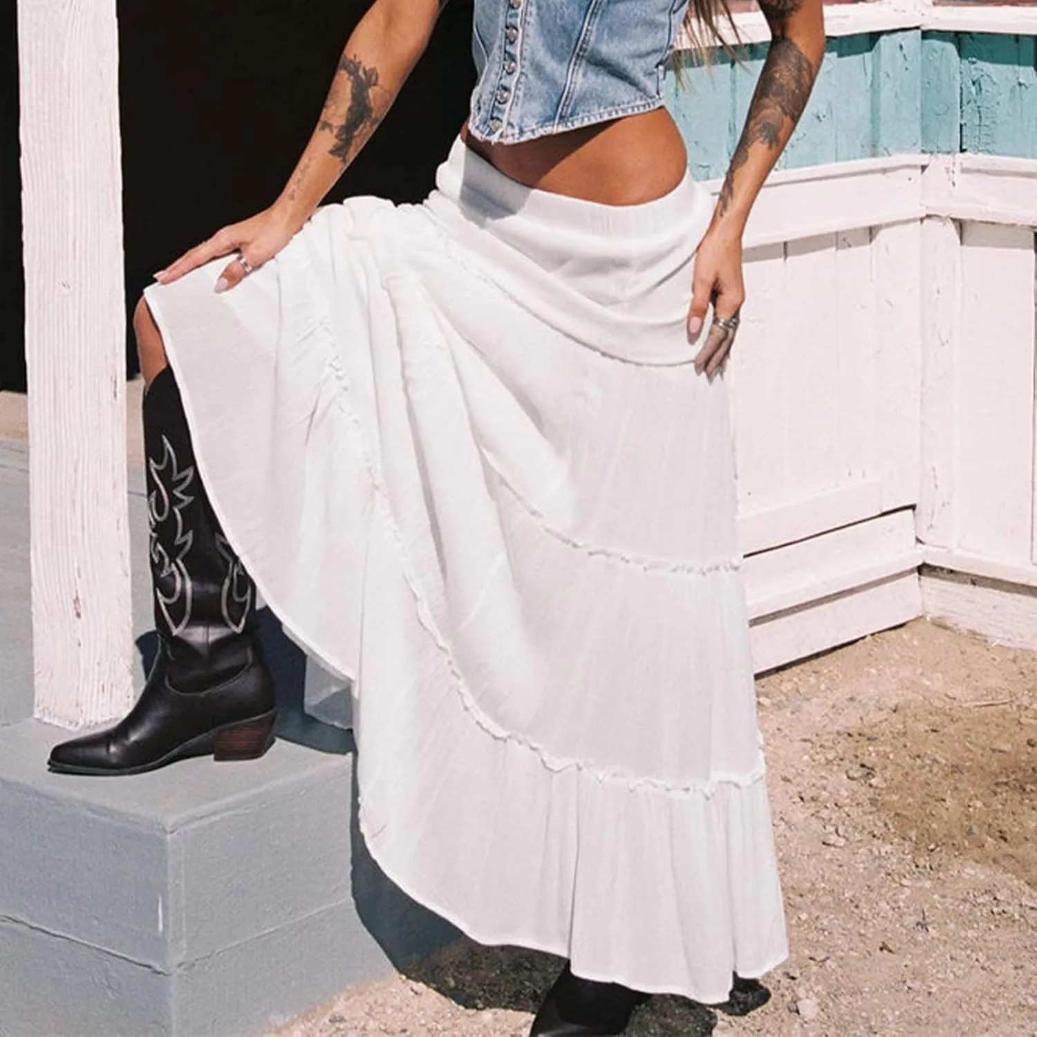 FOMOYUU Tiered Long Skirts for Women Elastic Waist Pleated Flowy A-Line Maxi Skirt Ruffle Swing Boho Summer Beach Skirt