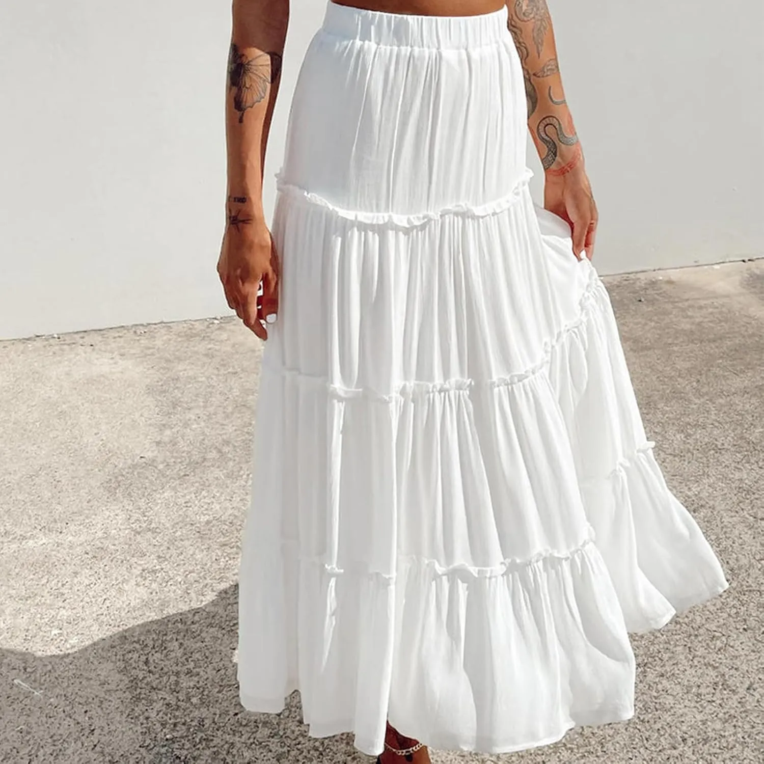 FOMOYUU Tiered Long Skirts for Women Elastic Waist Pleated Flowy A-Line Maxi Skirt Ruffle Swing Boho Summer Beach Skirt
