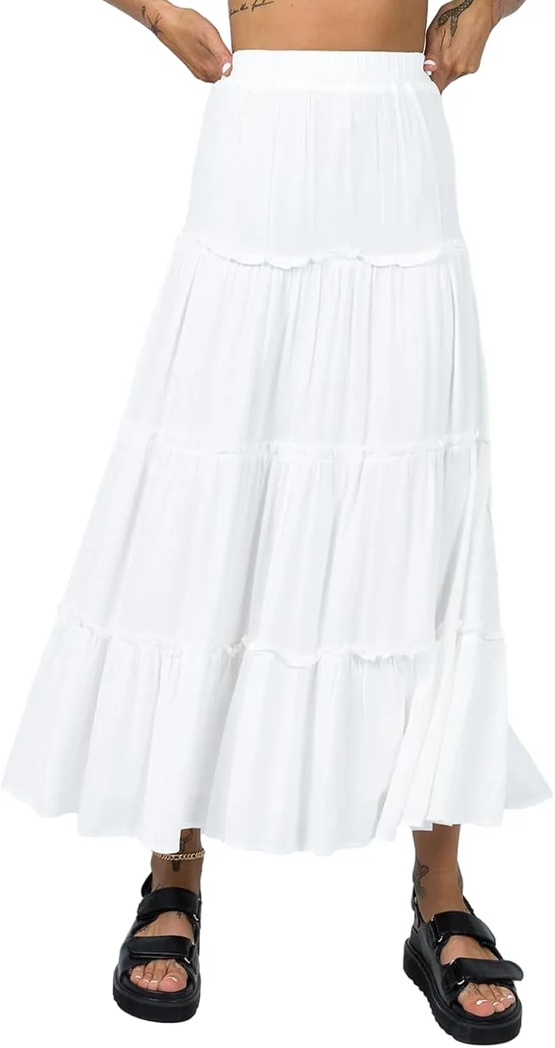 FOMOYUU Tiered Long Skirts for Women Elastic Waist Pleated Flowy A-Line Maxi Skirt Ruffle Swing Boho Summer Beach Skirt