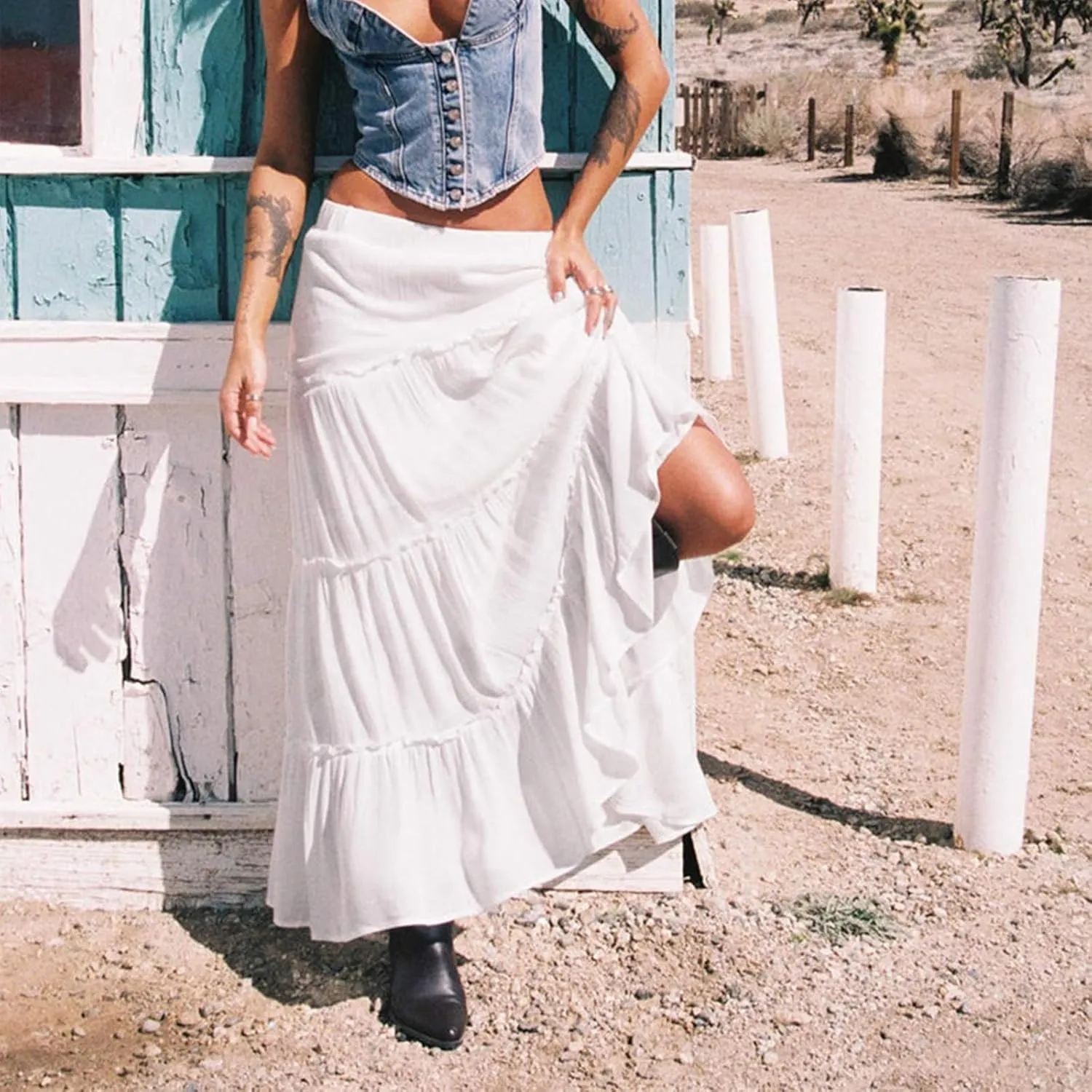 FOMOYUU Tiered Long Skirts for Women Elastic Waist Pleated Flowy A-Line Maxi Skirt Ruffle Swing Boho Summer Beach Skirt