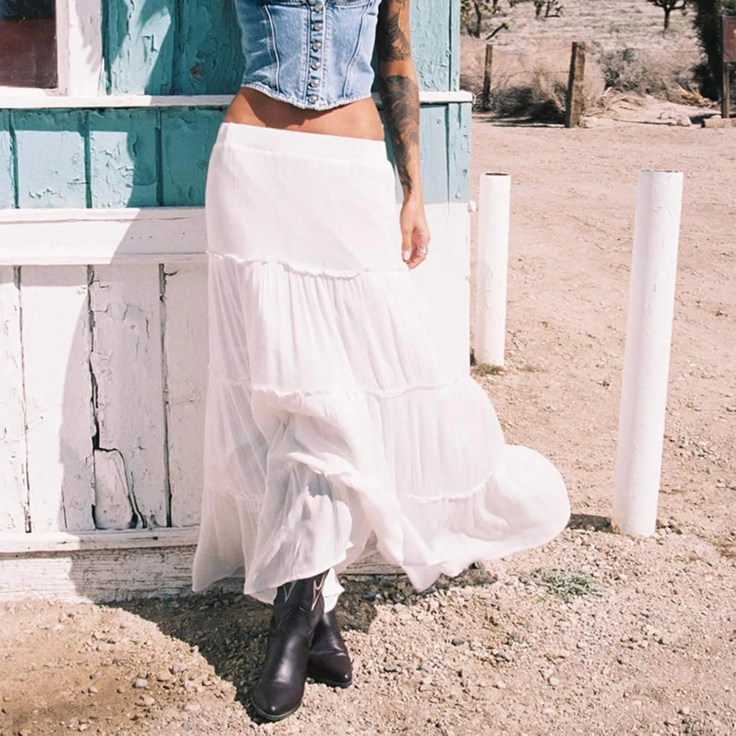 FOMOYUU Tiered Long Skirts for Women Elastic Waist Pleated Flowy A-Line Maxi Skirt Ruffle Swing Boho Summer Beach Skirt