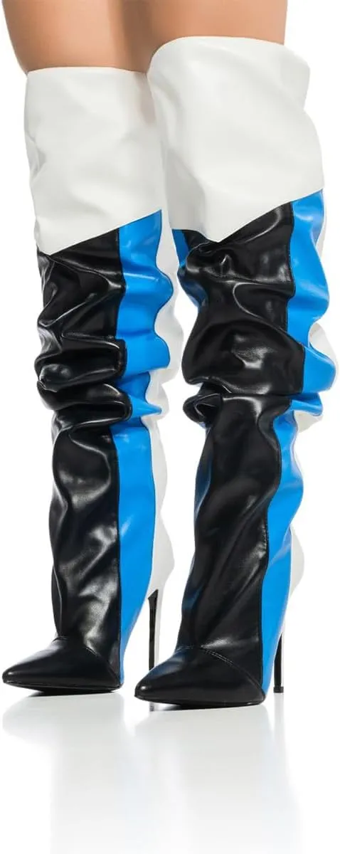 FOWT Women Pointed Toe Over The Knee High Boots Stiletto High Heel Long Boots Contrast Stitching Party Dance Shoes Size 4-16 US