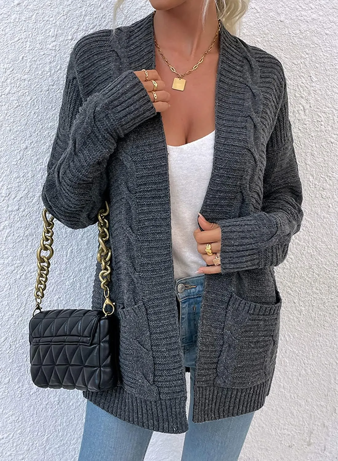 futurino Knit Cardigan Women's Chunky Open Front Outwear Cover Up with Pockets