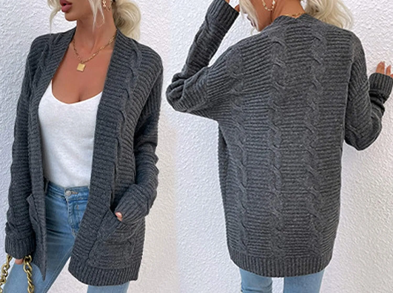 futurino Knit Cardigan Women's Chunky Open Front Outwear Cover Up with Pockets