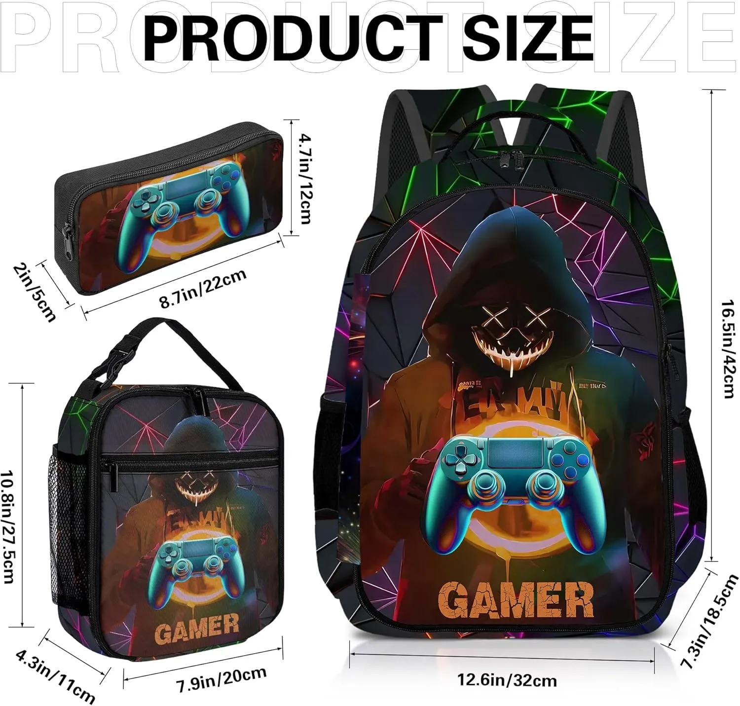 Game Backpack Set for Boys, Gaming Backpack 3 Pack, Boy Backpack Lunch Box, and Pencil Bag for Kids Teens Elementary Middle School Large Capacity Game School Bag 17" Travel Back Pack