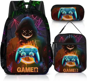 Game Backpack Set for Boys, Gaming Backpack 3 Pack, Boy Backpack Lunch Box, and Pencil Bag for Kids Teens Elementary Middle School Large Capacity Game School Bag 17" Travel Back Pack