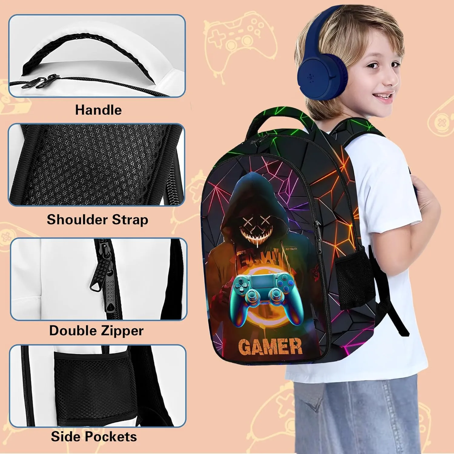 Game Backpack Set for Boys, Gaming Backpack 3 Pack, Boy Backpack Lunch Box, and Pencil Bag for Kids Teens Elementary Middle School Large Capacity Game School Bag 17" Travel Back Pack