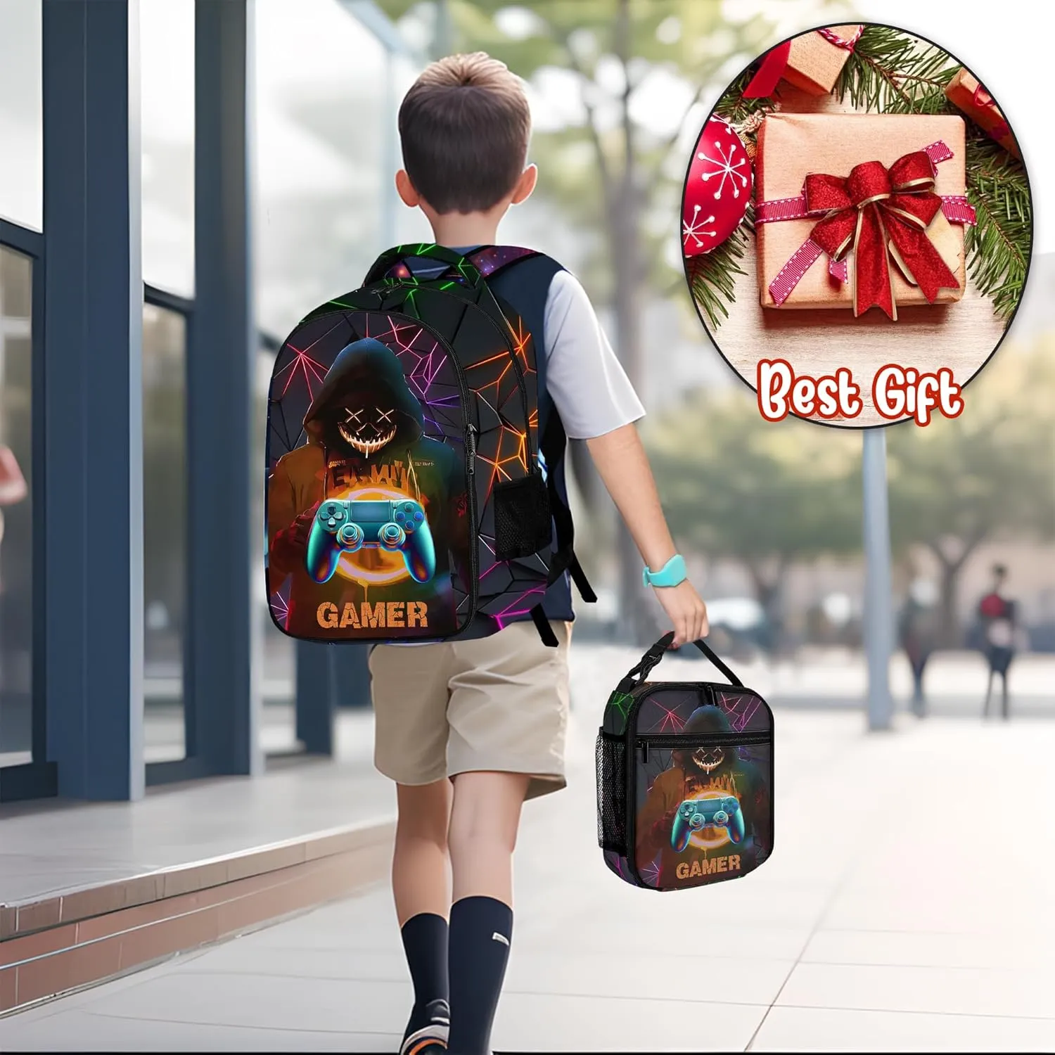 Game Backpack Set for Boys, Gaming Backpack 3 Pack, Boy Backpack Lunch Box, and Pencil Bag for Kids Teens Elementary Middle School Large Capacity Game School Bag 17" Travel Back Pack