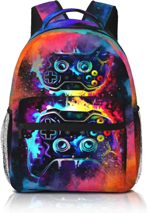 Gamepad Backpack for Boys & Girls Video Game Backpack for Kids Gaming Print School Bag Lightweight Waterproof Adjustable Colorful Bookbag for Children Teens Travel Daypack