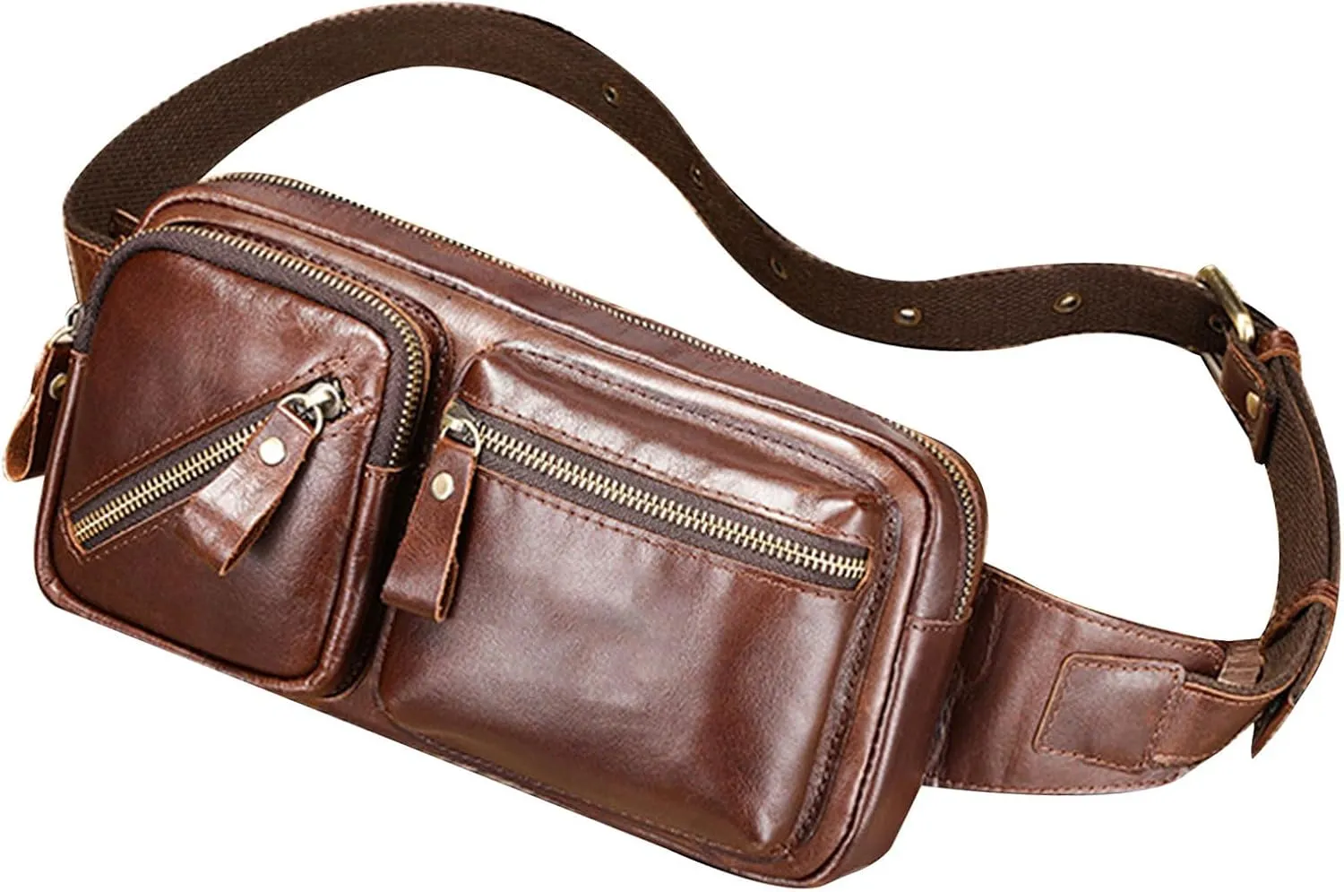 Genuine Leather Slim Fanny Pack for Men, Adjustable Crossbody Sling Chest Bag, Vintage Outdoor Waist Bag, Large Capacity Durable Practical (Brown)