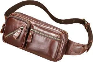Genuine Leather Slim Fanny Pack for Men, Adjustable Crossbody Sling Chest Bag, Vintage Outdoor Waist Bag, Large Capacity Durable Practical (Brown)