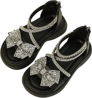 Girls Flat Sandals Bow Glitter Strappy Platform Low Heels Sandal Open Toe Zipper Back Ankle Strap Dress Shoes
