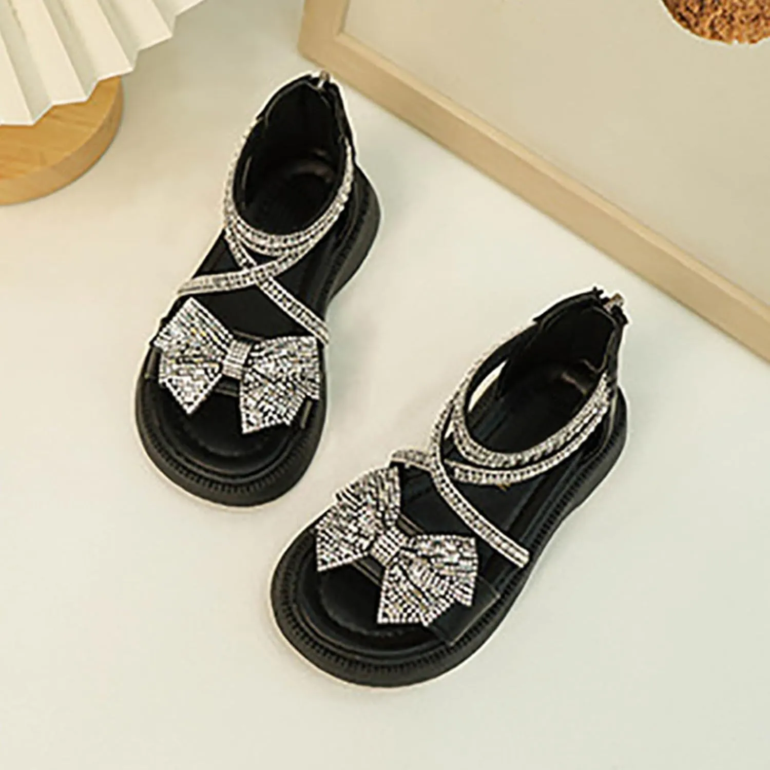 Girls Flat Sandals Bow Glitter Strappy Platform Low Heels Sandal Open Toe Zipper Back Ankle Strap Dress Shoes
