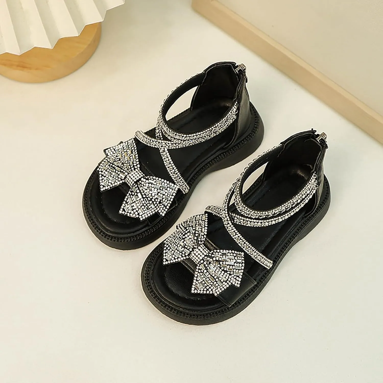Girls Flat Sandals Bow Glitter Strappy Platform Low Heels Sandal Open Toe Zipper Back Ankle Strap Dress Shoes