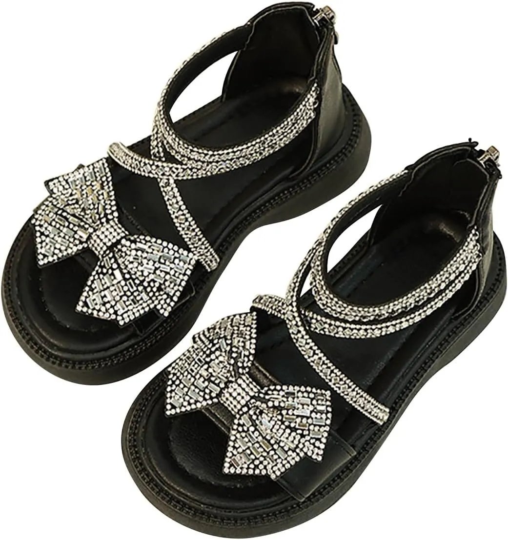 Girls Flat Sandals Bow Glitter Strappy Platform Low Heels Sandal Open Toe Zipper Back Ankle Strap Dress Shoes