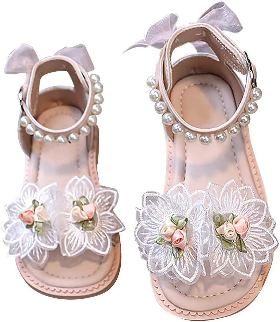 Girls Flower Sandals Strappy Cute Open Toe Dress Sandals Bow Pearl Non Slip Soft Bottom Shoes Kids Princess Shoes