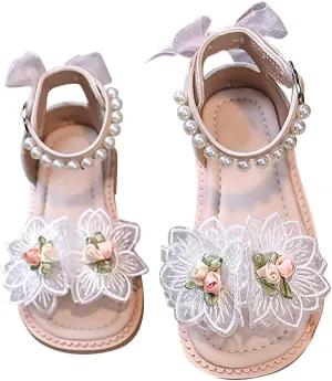 Girls Flower Sandals Strappy Cute Open Toe Dress Sandals Bow Pearl Non Slip Soft Bottom Shoes Kids Princess Shoes