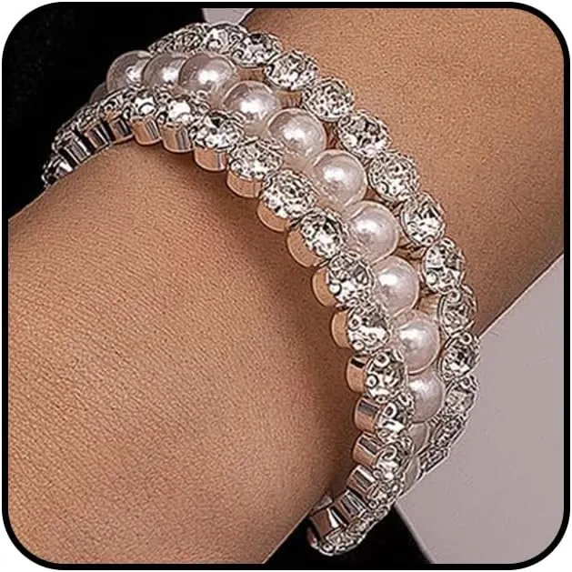 Glitter Rhinestone Pearl Beaded Wrap Open Bracelets for Women Charm Layered Pearl Adjustable Open Bangle Bracelets Dainty Wedding Jewelry Gifts