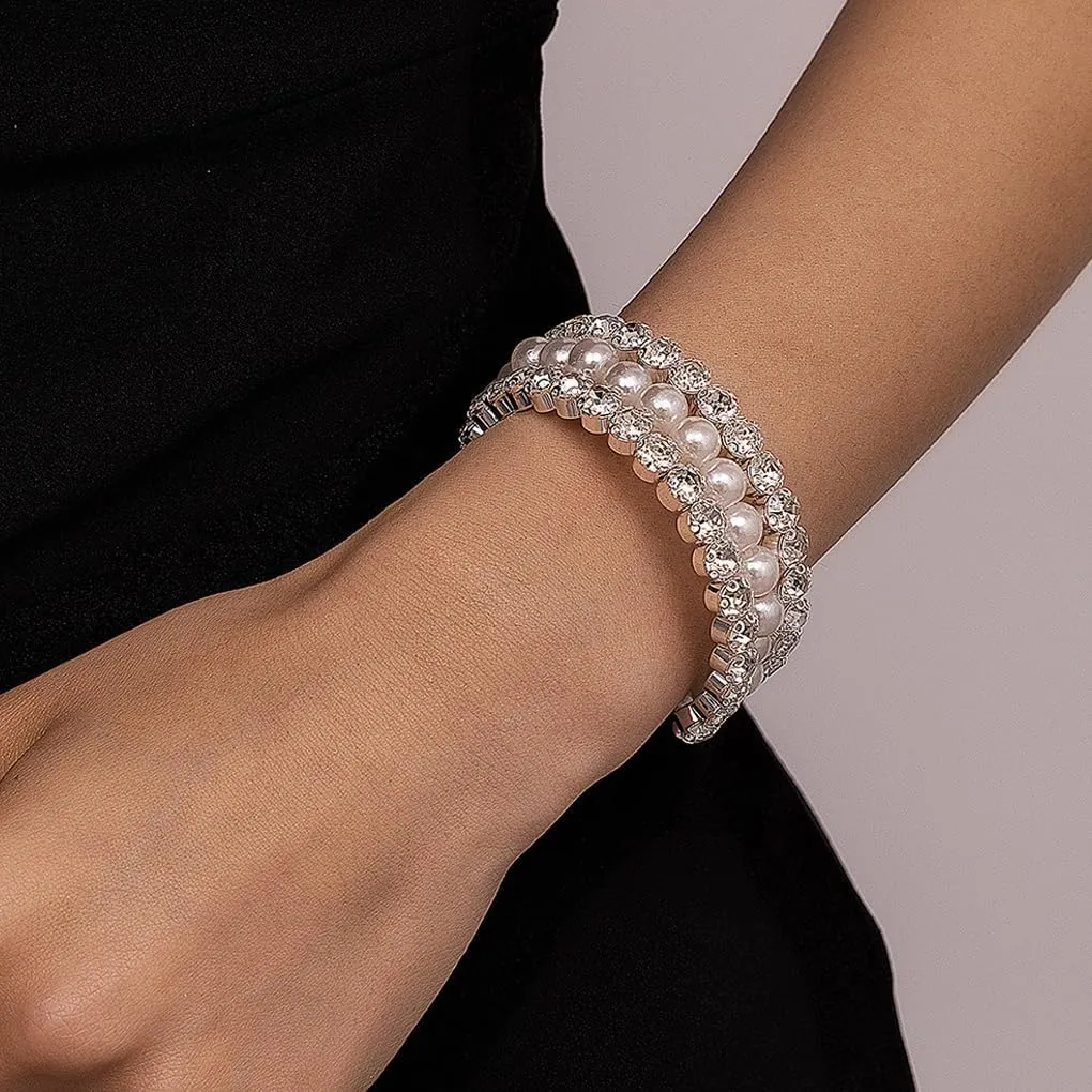Glitter Rhinestone Pearl Beaded Wrap Open Bracelets for Women Charm Layered Pearl Adjustable Open Bangle Bracelets Dainty Wedding Jewelry Gifts