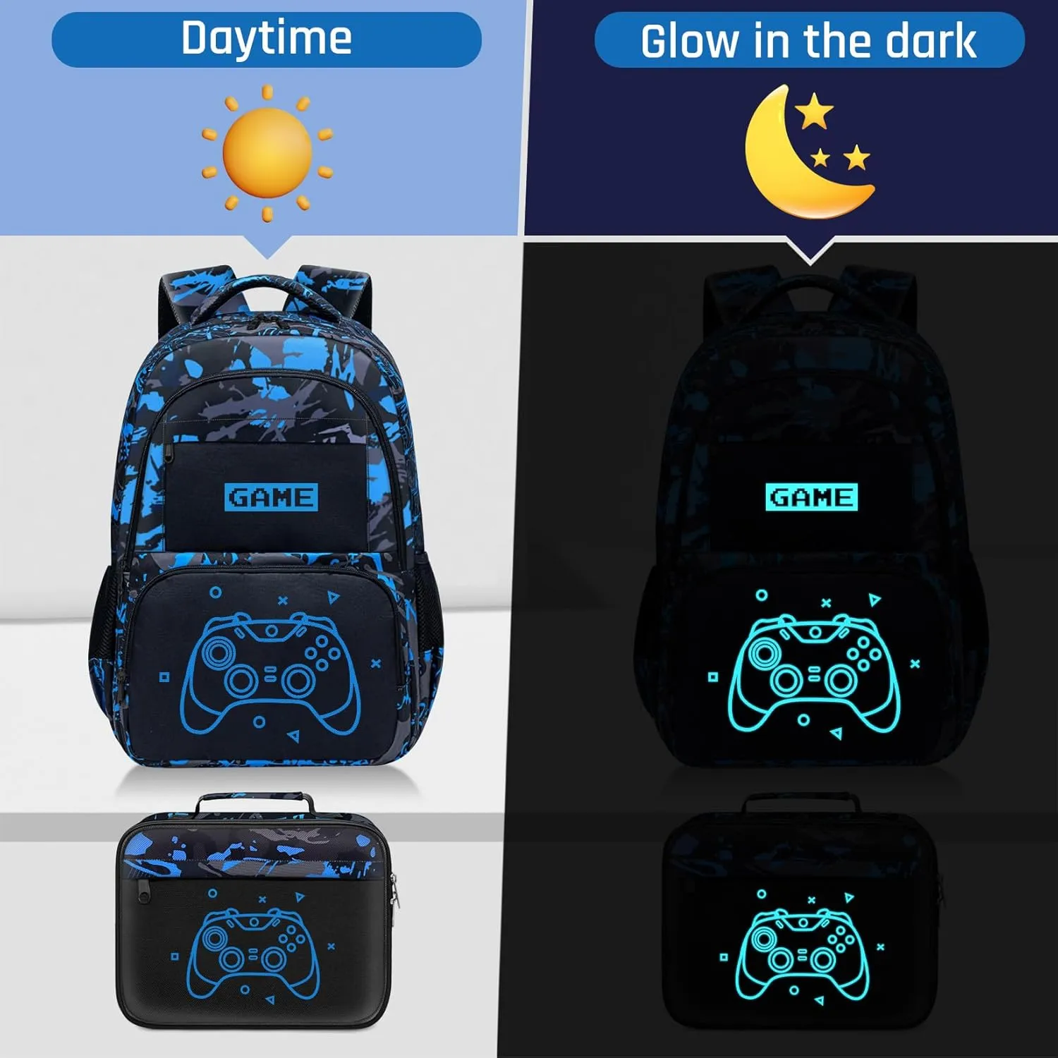 Glow in The Dark Backpack for Boys - 3pcs Game Boys Backpack for Kids Children Teens Elementary Middle School - 17 Gamer Bookbag Travel Back Pack for Age 6-18